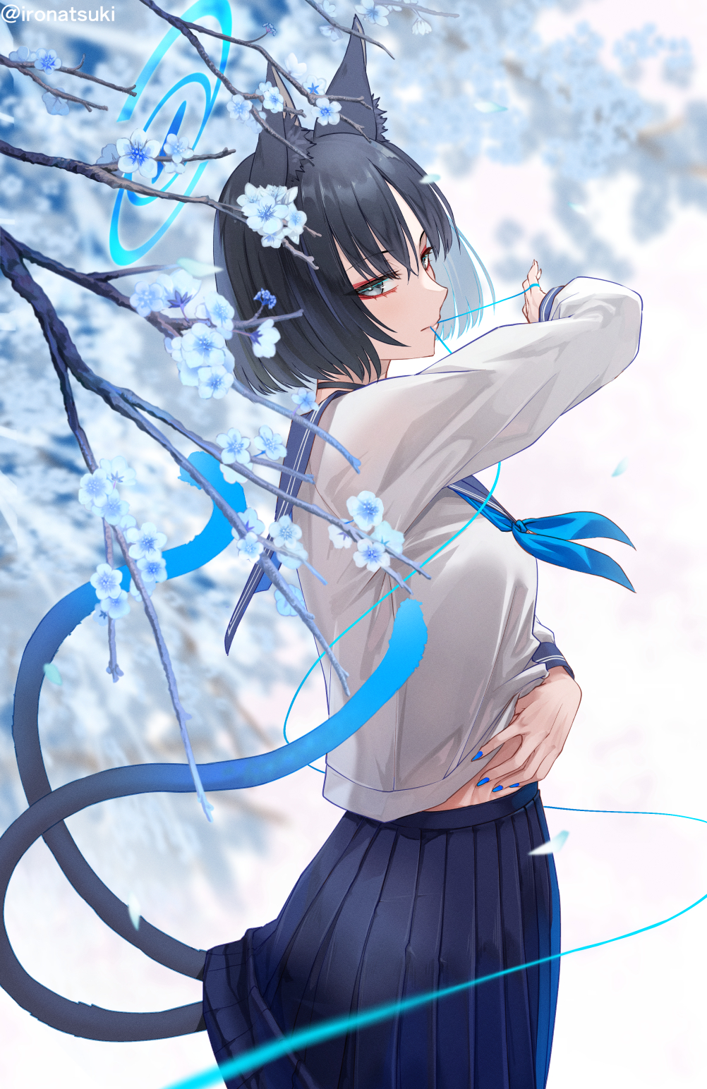 1girl animal_ears black_eyes black_hair black_sailor_collar black_skirt blue_archive blue_flower blue_halo blue_neckerchief cat_ears cat_tail closed_mouth eyeliner flower halo highres ironatsuki kikyou_(blue_archive) long_sleeves looking_at_viewer makeup multiple_tails neckerchief pleated_skirt red_eyeliner sailor_collar school_uniform serafuku short_hair skirt solo tail twitter_username two_tails