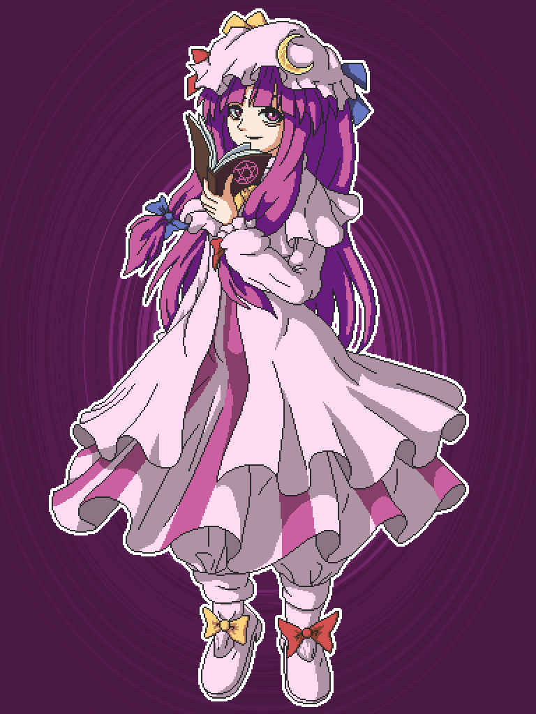 1girl aksawshin bags_under_eyes blue_bow blunt_bangs bow bowtie bun_cover crescent crescent_hat_ornament double_bun dress footwear_bow hair_bow hair_bun hat hat_bow hat_ornament long_hair long_sleeves mob_cap neck_ribbon patchouli_knowledge pixel_art purple_background purple_dress purple_eyes purple_hair purple_hat red_bow red_bowtie red_ribbon ribbon robe shoes solo striped_clothes striped_dress touhou vertical-striped_clothes vertical-striped_dress very_long_hair white_shoes wide_sleeves yellow_bow