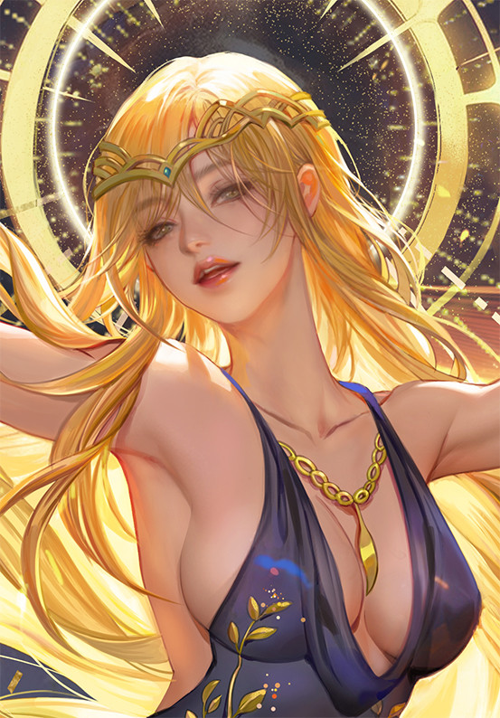 1girl armpits arms_up aura bad_link blonde_hair breasts cleavage close-up collarbone crown elden_ring fan_yang_(jiuge) jewelry large_breasts long_eyelashes looking_at_viewer necklace open_mouth queen_marika_the_eternal shiny_skin sideboob thick_eyebrows tiara yellow_eyes