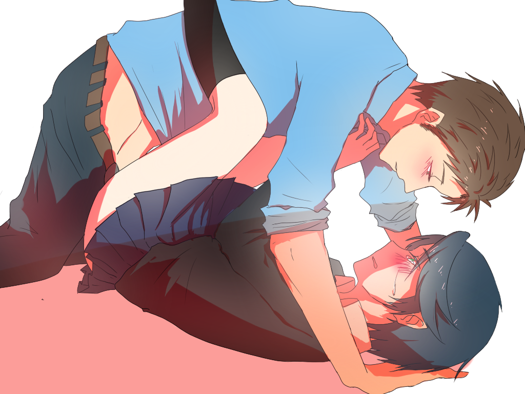 10s 1boy 1girl blue_hair blue_skirt blush brown_hair clothed_sex clothes_pull gekkan_shoujo_nozaki-kun hetero hori_masayuki kashima_yuu legs_up miniskirt missionary pants pants_pull pleated_skirt sex short_hair skirt socks tabacosis tears vaginal wavy_mouth