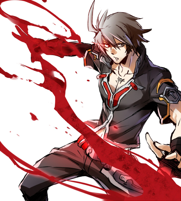 1boy asymmetrical_gloves blazblue blazblue:_bloodedge_experience blazblue:_central_fiction blood gloves glowing glowing_eye heterochromia kaneaki_mukku male_focus mismatched_gloves naoto_kurogane red_eyes short_hair silver_hair solo tattoo