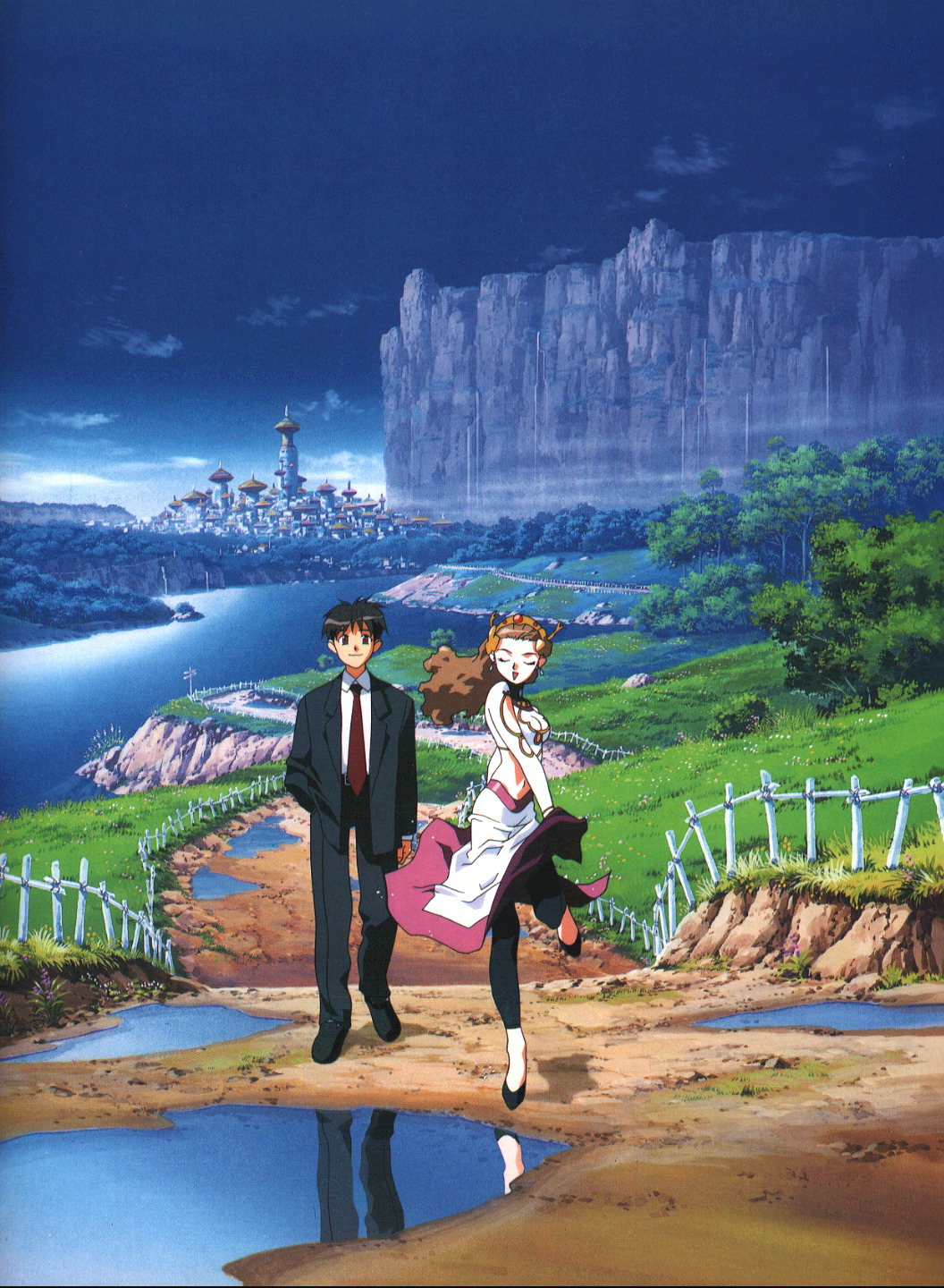 1990s_(style) 1boy 1girl art_work breasts castle cleavage dress el_hazard grass highres jewelry lagoon mizuhara_makoto mountain nakazawa_kazuto nature navel necklace palace retro_artstyle road rune_venus sky