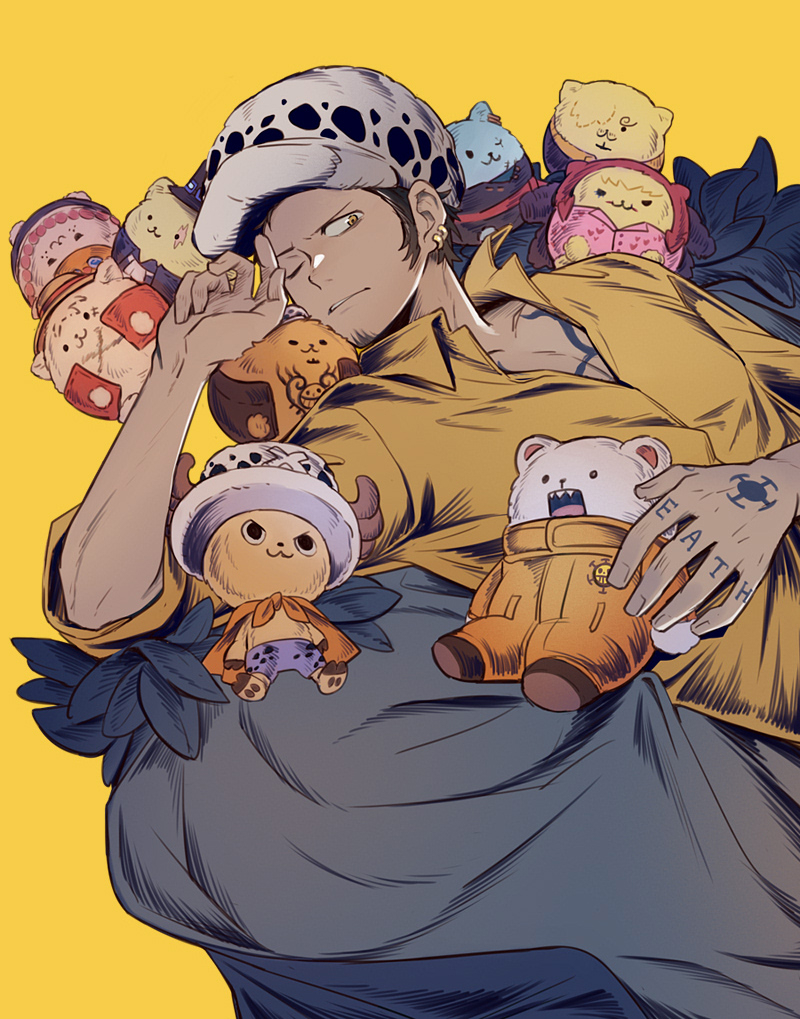 1boy bepo_(one_piece) black_hair coat coat_on_shoulders donquixote_rocinante earrings facial_hair fur_hat fur_trim hand_tattoo hat holding holding_stuffed_toy jewelry lying male_focus monkey_d._luffy on_back one_eye_closed one_piece portgas_d._ace roronoa_zoro sabo_(one_piece) sanji_(one_piece) shirt sleeves_rolled_up solo stuffed_animal stuffed_toy tattoo tony_tony_chopper trafalgar_law yellow_background yellow_eyes yellow_shirt yurichi_(artist)