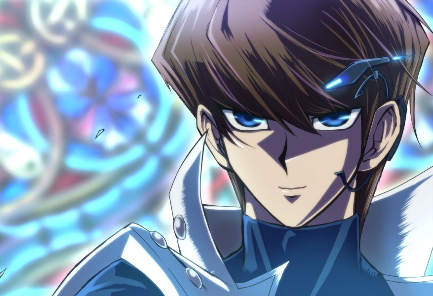 1boy black_shirt blue_eyes brown_hair cathedral close-up coat facing_to_the_side falling_paper glowing head-mounted_display indoors jacket kaiba_seto light_particles lone_nape_hair long_sleeves looking_at_viewer male_focus official_style open_clothes open_coat open_jacket popped_collar shirt sleeveless sleeveless_coat sleeveless_jacket smile stained_glass tanioka_(yiyiyi) technology techwear trench_coat turning_head white_coat yu-gi-oh! yu-gi-oh!_the_dark_side_of_dimensions