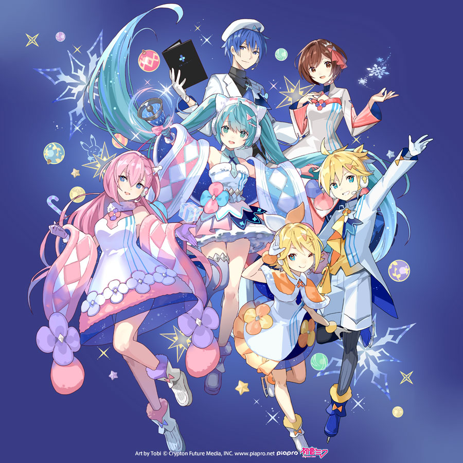 2boys 4girls :d ;) aqua_eyes aqua_hair artist_name black_pantyhose blue_background blue_boots blue_bow book boots bow bowtie breasts capelet closed_mouth commentary_request copyright_notice dress dress_bow full_body fur-trimmed_capelet fur-trimmed_dress fur_trim gloves hair_ornament hat hatsune_miku holding holding_book kagamine_len kagamine_rin kaito_(vocaloid) lapels logo magical_mirai_(vocaloid) magical_mirai_kaito magical_mirai_kaito_(2020_winter) magical_mirai_len magical_mirai_len_(2020_winter) magical_mirai_luka magical_mirai_luka_(2020_winter) magical_mirai_meiko magical_mirai_meiko_(2020_winter) magical_mirai_miku magical_mirai_miku_(2020_winter) magical_mirai_rin magical_mirai_rin_(2020_winter) megurine_luka meiko_(vocaloid) multiple_boys multiple_girls notched_lapels official_art one_eye_closed open_mouth orange_capelet pantyhose pink_bow second-party_source shorts single_thighhigh smile thighhighs tobi_(kotetsu) twintails vocaloid white_dress white_gloves white_hat white_shorts wide_sleeves