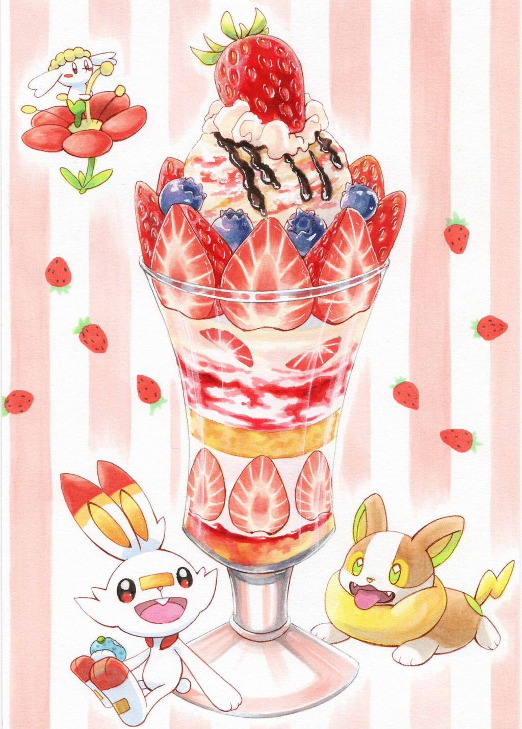 animal_focus berry_(pokemon) blueberry chocolate_syrup commentary_request cream cup dessert dog eating flabebe flower food fruit gen_6_pokemon gen_8_pokemon highres ice_cream marker_(medium) nintendo no_humans oran_berry parfait pokemon rabbit scorbunny sitting strawberry strawberry_parfait sundae tail traditional_media whipped_cream yamper yuka_(yukaaaaaaa0705)