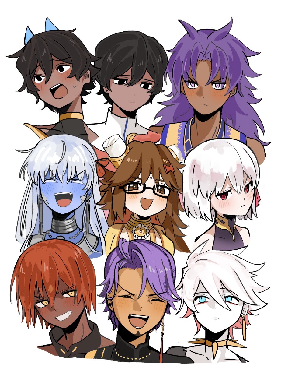 3girls 6+boys arjuna_(fate) arjuna_alter_(fate) ashwatthama_(fate) bare_shoulders bhima_(fate) black_eyes black_hair black_shirt blue_eyes blue_skin blue_vest blush bow brown_eyes brown_hair closed_eyes collar colored_skin dark-skinned_male dark_skin dress duryodhana_(fate) earrings elephant_hat facial_mark fate/grand_order fate_(series) forehead_mark ganesha_(fate) glasses grin hair_bow hair_ribbon highres horns indian_clothes jacket jewelry jinako_carigiri kali_(fate) kama_(fate) kama_(first_ascension)_(fate) karna_(fate) long_hair long_sleeves looking_at_viewer metal_collar multicolored_hair multiple_boys multiple_girls neck_ring necklace nyokinyoki_18 open_mouth pale_skin parted_bangs pink_hair purple_dress purple_eyes purple_hair red_eyes red_hair ribbon shirt short_hair smile spiked_collar spikes two-tone_hair vest white_hair white_jacket yellow_eyes yellow_shirt