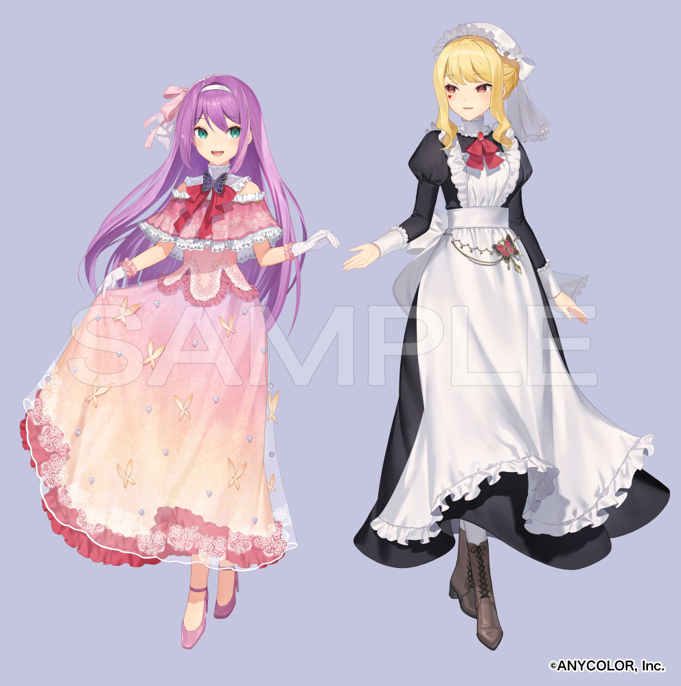 2girls :d alternate_costume ankle_strap apron arm_at_side bare_shoulders black_dress blonde_hair boots bow bow_hairband bowtie brooch brown_footwear butterfly_brooch butterfly_ornament clothing_cutout copyright_notice dress enmaided eye_contact facial_mark frilled_apron frilled_dress frilled_gloves frills full_body gloves gradient_clothes gradient_dress green_eyes hair_between_eyes hair_bun hairband hat heart heart_facial_mark high_heels jewelry juliet_sleeves lace-up_boots long_hair long_sleeves looking_at_another looking_to_the_side luis_cammy maid maid_apron mob_cap mole mole_under_mouth multiple_girls nijisanji official_art open_mouth outstretched_hand pantyhose parted_lips pink_bow pink_dress pink_shoes puffy_sleeves purple_background purple_hair red_bow red_bowtie red_eyes sakura_ritsuki sample_watermark shoes short_sleeves shoulder_cutout sidelocks simple_background skirt_hold sleeve_cuffs smile standing tsunakawa veil virtual_youtuber watermark white_apron white_gloves white_hairband white_pantyhose