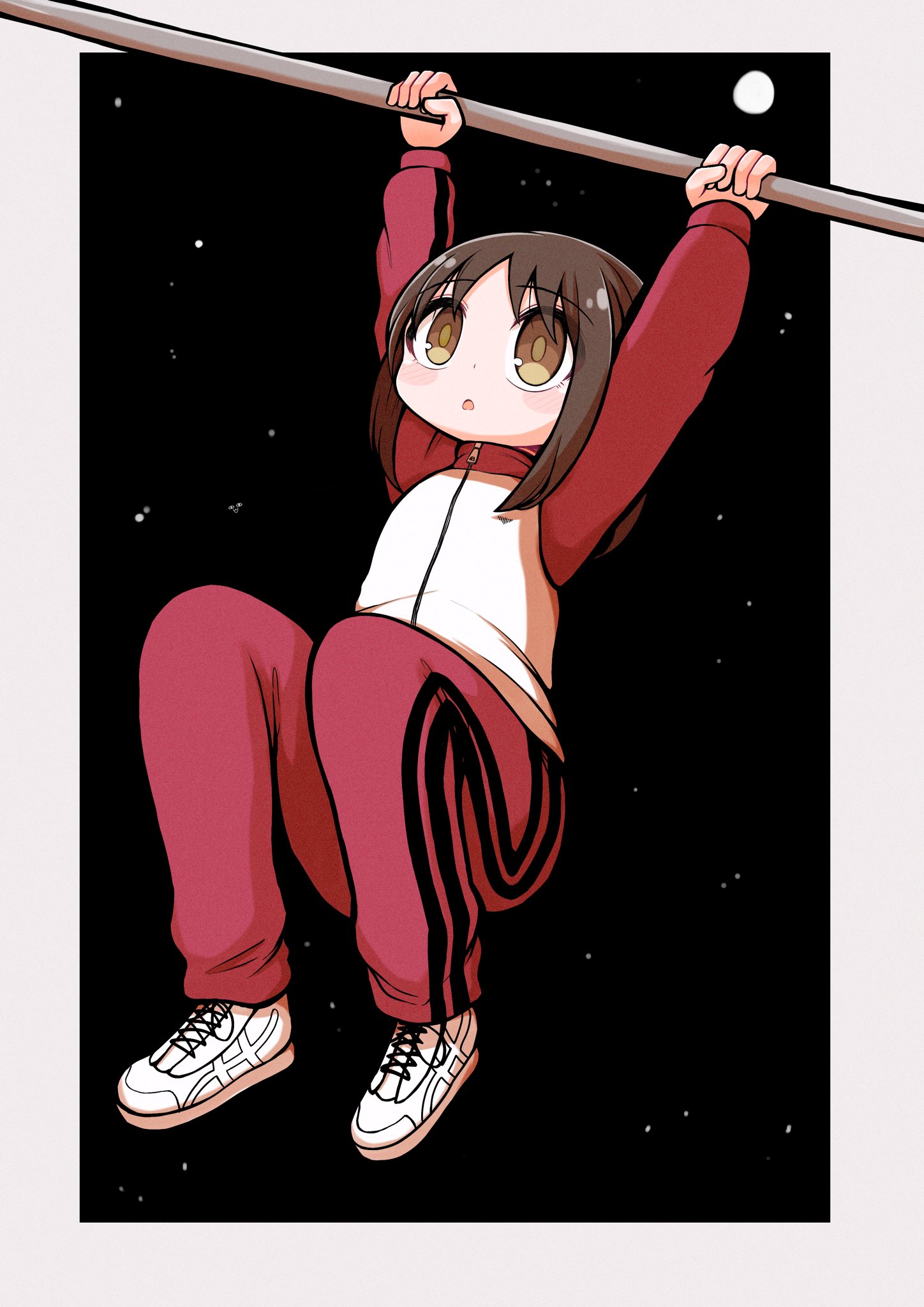 1girl azumanga_daiou brown_eyes brown_hair commentary_request full_body full_moon hanging highres jacket kasuga_ayumu medium_hair mendakorice moon open_mouth pants red_jacket red_pants shoes sky sneakers solo star_(sky) starry_sky track_jacket track_pants track_suit white_shoes yotsubato!