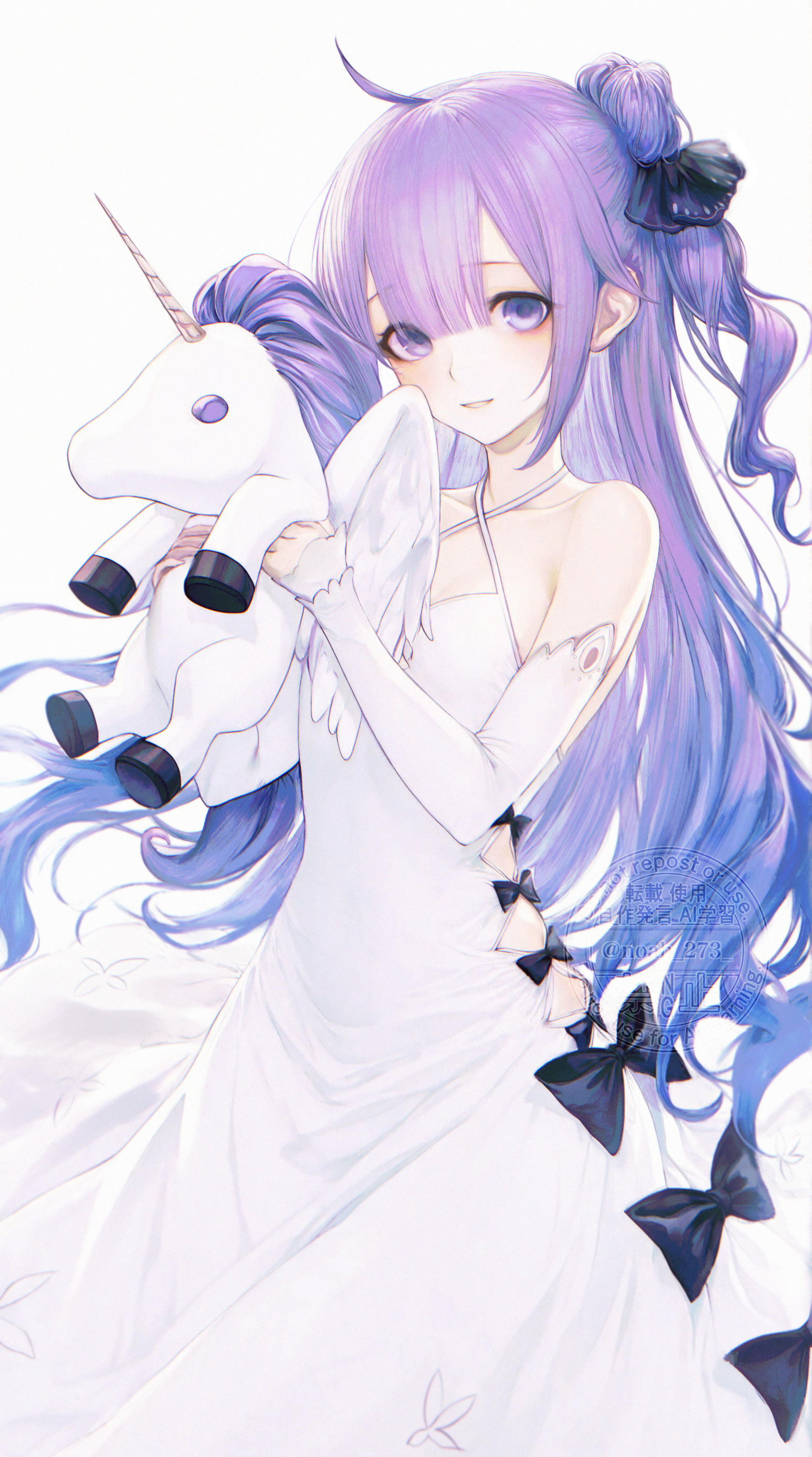 1girl absurdres ahoge azur_lane bare_shoulders black_bow black_ribbon blush bow collarbone commentary detached_sleeves dress hair_ribbon highres holding holding_stuffed_toy long_hair long_sleeves looking_at_viewer one_side_up pale_skin purple_eyes purple_hair renoahh ribbon simple_background smile solo stuffed_toy stuffed_unicorn unicorn_(azur_lane) white_background white_dress white_sleeves