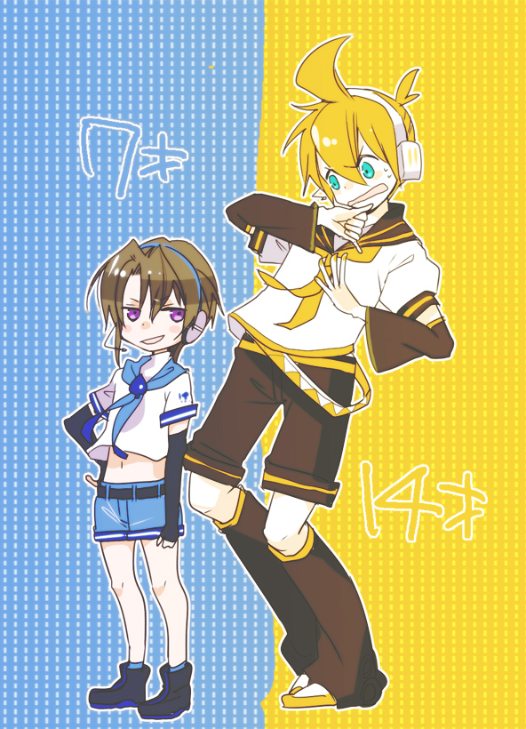 ahoge blonde_hair brown_hair child headphones kagamine_len purple_eyes sailor shorts smile surprised tsukuyomi_shouta vocaloid voiceroid