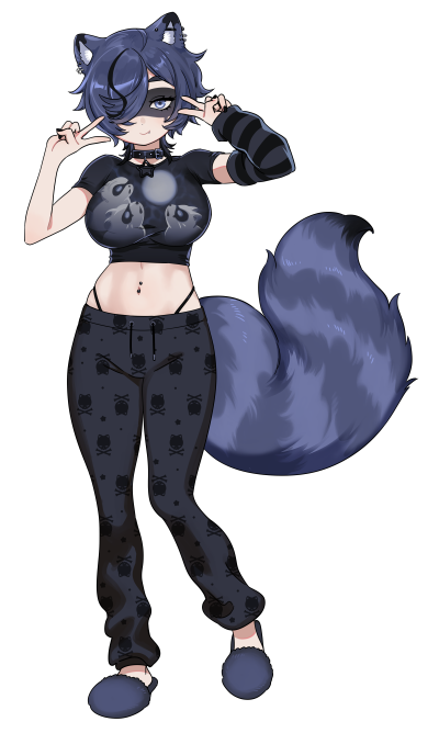 1girl 3am animal_ear_fluff animal_ears artist_request belt belt_collar black_belt black_hair black_nails black_pants black_shirt breasts collar cropped_shirt detached_sleeves double_v ear_piercing earrings jewelry midriff multicolored_hair navel_piercing official_art pants piercing raccoon_ears raccoon_girl raccoon_tail shirt short_hair single_detached_sleeve skull_and_crossbones skull_print slippers smile snuffy_(vtuber) solo streaked_hair striped_sleeves tail v