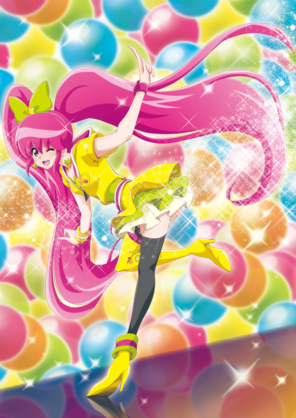 1girl ;d absurdly_long_hair asymmetrical_legwear bent_over black_thighhighs boots bow brooch cure_lovely cure_lovely_(lollipop_hip_hop) earrings female_focus floating_hair full_body green_bow green_skirt hair_between_eyes hair_bow hairband happinesscharge_precure! heart heart_brooch high_heel_boots high_heels jewelry long_hair looking_at_viewer miniskirt multicolored_skirt nita_(onakatohoppe) one_eye_closed open_mouth pink_hair pleated_skirt precure red_eyes shirt short_sleeves skirt smile solo standing standing_on_one_leg thigh_boots thighhighs uneven_legwear very_long_hair white_skirt wristband yellow_boots yellow_shirt yellow_skirt