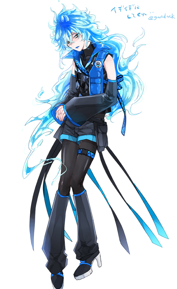 1girl adapted_costume bags_under_eyes bare_shoulders black_pantyhose black_shorts blue_hair detached_sleeves fiery_hair full_body genderswap genderswap_(mtf) high_heels idia_shroud leg_warmers pantyhose_under_shorts long_hair looking_at_viewer own_hands_together pantyhose shirai shorts simple_background solo standing turtleneck twisted_wonderland two-sided_fabric undershirt very_long_hair vest wavy_hair white_background yellow_eyes