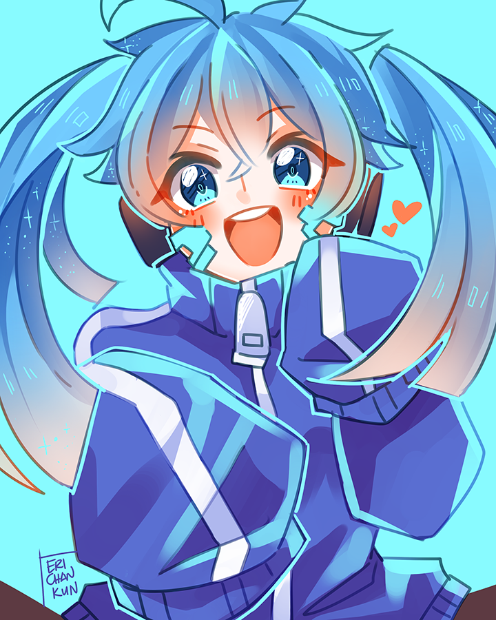 1girl ahoge artist_name bandaid bandaid_on_cheek bandaid_on_face black_headphones black_skirt blonde_hair blue_background blue_eyes blue_hair blue_jacket blush coll_(erichankun) colored_tips commentary cowboy_shot dated_commentary ene_(kagerou_project) gradient_hair hair_between_eyes heart jacket kagerou_project long_sleeves multicolored_hair open_mouth simple_background skirt sleeves_past_fingers sleeves_past_wrists smile solo sparkle sparkling_eyes straight-on teeth turtleneck turtleneck_jacket twintails upper_teeth_only zipper zipper_pull_tab