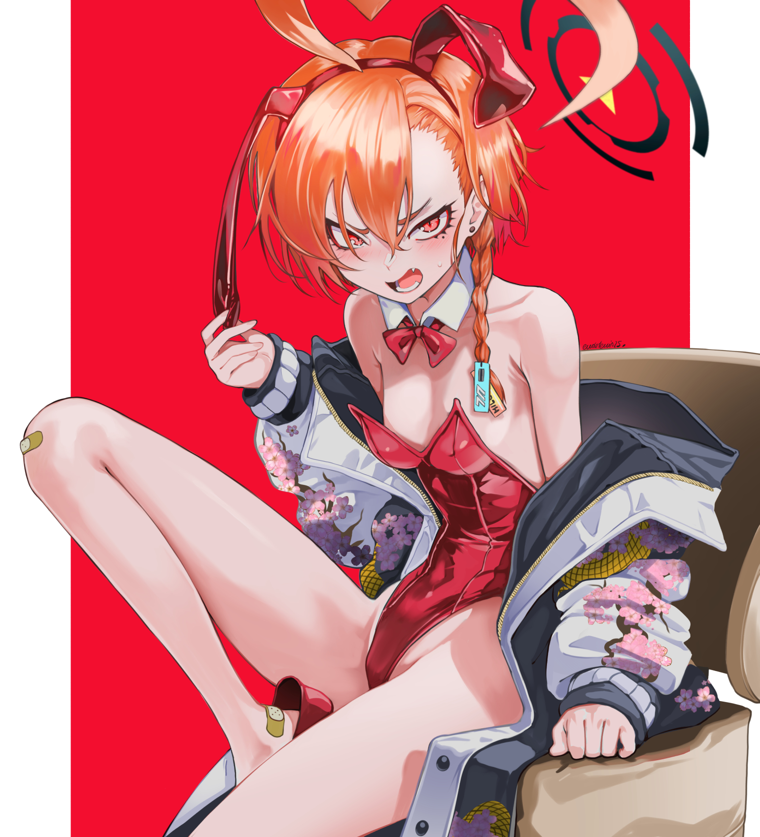 1girl ahoge animal_ear_hairband animal_ears asymmetrical_hair bandaid bandaid_on_foot bandaid_on_knee bandaid_on_leg blue_archive bow bowtie braid chair detached_collar eudetenis fake_animal_ears hairband halo highres huge_ahoge jacket leotard mole mole_under_each_eye mole_under_eye multiple_moles neru_(blue_archive) neru_(bunny)_(blue_archive) official_alternate_costume orange_hair oversized_breast_cup pantyhose playboy_bunny print_jacket rabbit_ears rabbit_tail red_background red_bow red_bowtie red_eyes red_leotard short_hair single_braid sitting slit_pupils solo strapless strapless_leotard sukajan tail traditional_bowtie two-tone_background