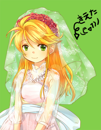 1990s_(style) 1girl alternate_costume blonde_hair bridal_veil dress female_focus flower green_background green_eyes lowres nintendo pokemon pokemon_adventures pokemon_rgby retro_artstyle see-through_clothes smile solo tachiuo_(arines) veil wedding_dress yellow_(pokemon)