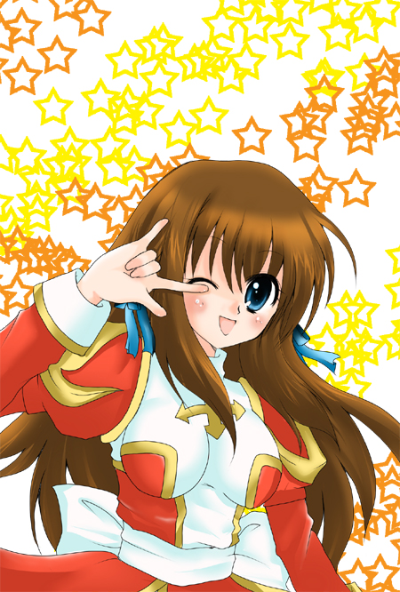 1girl \m/ back_bow blue_bow blue_eyes blush bow breasts brown_hair commentary_request dress hair_bow high_priest_(ragnarok_online) impossible_clothes impossible_dress juliet_sleeves kazu_ayase long_hair long_sleeves looking_at_viewer medium_breasts one_eye_closed open_mouth puffy_sleeves ragnarok_online red_dress sash seikan_hikou smile solo star_(symbol) star_symbol_background two-tone_dress upper_body white_bow white_dress white_sash