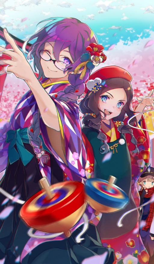 1boy 2girls :o androgynous apron argyle_clothes argyle_kimono beret black-framed_eyewear black_gloves black_hakama black_hat blue_eyes blue_kimono blue_sky blunt_bangs blurry bow braid brown_hair captain_nemo_(dancing_tops)_(fate) captain_nemo_(fate) cherry_blossoms closed_mouth cloud commentary day dutch_angle fate/grand_order fate_(series) feet_out_of_frame fingerless_gloves floral_print floral_print_kimono flower flower_request fujikiri_yana glasses gloves green_bow green_jacket green_sash hair_between_eyes hair_flower hair_ornament hair_tie hakama hat hifu jacket japanese_clothes kimono leonardo_da_vinci_(fate) leonardo_da_vinci_(fate/grand_order) leonardo_da_vinci_(rider)_(fate) long_hair long_sleeves low-tied_long_hair motion_blur multi-tied_hair multiple_girls nemo_(fate) official_alternate_costume official_art one_eye_closed open_mouth outdoors parted_lips peaked_cap petals print_kimono purple_eyes purple_hair purple_kimono red_hat red_kimono red_scarf round_eyewear sash scarf sion_eltnam_(type-moon) sion_eltnam_sokaris sky smile sparkle spinning_top string teeth third-party_source torii tree twin_braids waist_bow wide_sleeves