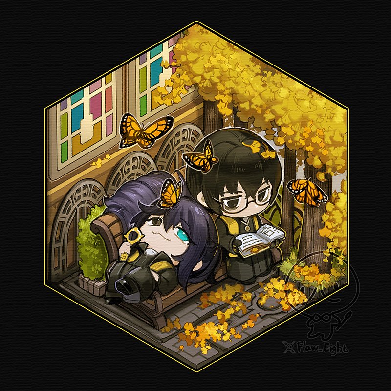2boys :3 black_coat black_eyes black_footwear black_gloves black_hair blue_eyes book bug butterfly butterfly_on_head chibi chibi_only coat cube dieci_association_(identity)_(project_moon) flaw_eight full_body ginkgo_leaf ginkgo_tree glasses gloves heterochromia holding holding_book holding_key hong_lu_(project_moon) insect jewelry key leaf leaf_on_head limbus_company long_hair long_sleeves lying male_focus multiple_boys necklace on_back on_bench outdoors project_moon reading shirt short_hair sidewalk signature sitting stole tree white_shirt yi_sang_(project_moon)