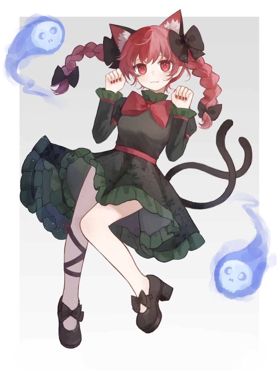 1girl :3 animal_ears black_bow black_shoes bow braid cat_ears cat_girl cat_tail closed_mouth dress fang fang_out floating_skull full_body green_dress grey_background hair_bow hashtag-only_commentary highres juliet_sleeves kaenbyou_rin leg_ribbon long_hair long_sleeves looking_at_viewer multiple_tails paw_pose puffy_sleeves red_eyes red_hair red_nails ribbon shoes solo tail touhou twin_braids two_tails yuuneka
