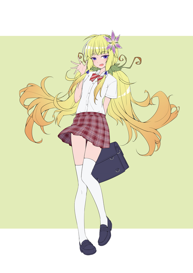 1girl ahoge bag blonde_hair bow bowtie contemporary duel_monster flower full_body green_background hair_flower hair_ornament long_hair looking_at_viewer open_mouth purple_eyes school_bag school_uniform shoes shun_no_shun simple_background skirt solo thighhighs traptrix_nepenthes very_long_hair waving yu-gi-oh!