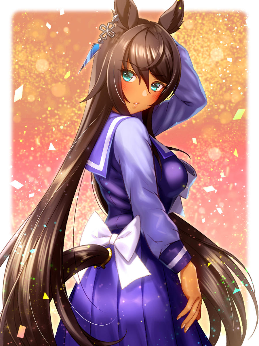 1girl animal_ears arm_up back_bow black_hair blue_eyes blush border bow breasts clothing_cutout commentary_request dark-skinned_female dark_skin earrings highres horse_ears horse_girl horse_tail jewelry long_hair long_sleeves looking_at_viewer looking_back medium_breasts outside_border pleated_skirt ponytail purple_serafuku purple_shirt purple_skirt sailor_collar school_uniform serafuku shirt single_earring skirt solo sugimotty_nova symboli_kris_s_(umamusume) tail tail_through_clothes tracen_school_uniform umamusume very_long_hair white_border white_bow winter_uniform