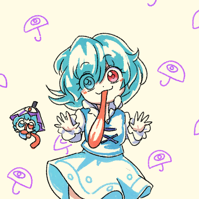 1girl blue_eyes blue_hair chibi chibi_inset commentary cross-laced_clothes heterochromia karakasa_obake long_sleeves looking_at_viewer numenoko red_eyes shirt short_hair skirt tan_tan_pou tatara_kogasa tongue tongue_out touhou umbrella vest