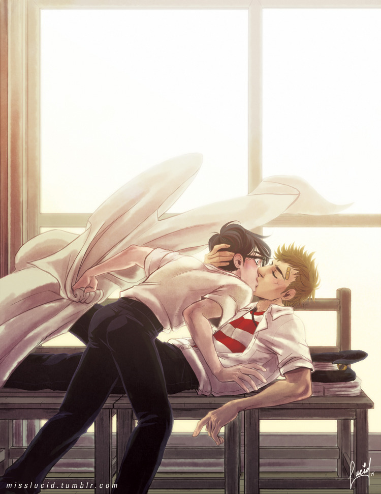 2boys bandaid bandaid_on_face bandaid_on_forehead black_hair blanket blonde_hair closed_eyes couple cross_scar facial_scar feet_out_of_frame glasses hat indoors kawabuchi_sentarou kiss lifting_covers lying male_focus military_hat misslucid multiple_boys nishimi_kaoru sakamichi_no_apollon scar scar_on_cheek scar_on_face shirt short_hair striped_clothes striped_shirt surprised unworn_headwear yaoi