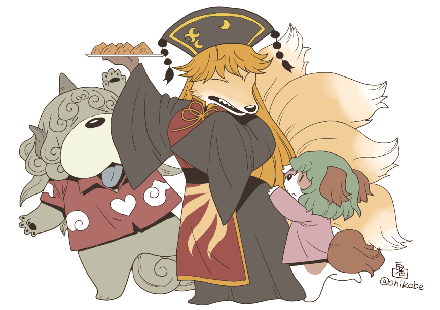 3girls animal_ears animalization arm_up chinese_clothes chow_chow commentary_request dog_ears dog_tail food fox_tail green_hair hair_between_eyes horns inarizushi junko_(fox) junko_(touhou) junko_(touhou)_(fox) kariyushi_shirt kasodani_kyouko kasodani_kyouko_(yamabiko) kitsune komano_aunn long_hair long_sleeves multiple_girls multiple_tails onikobe_rin orange_hair pawpads phoenix_crown plate single_horn sushi tabard tail tassel tongue tongue_out touhou twitter_username wide_sleeves