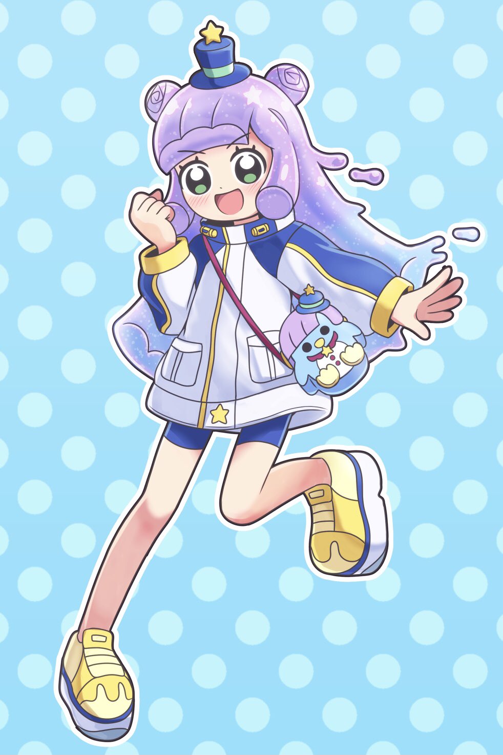 1girl :d animal_bag bike_shorts blue_background blue_hair blush commentary_request double_bun full_body gradient_hair green_eyes hair_bun hand_up hat highres jacket kato-shun long_hair long_sleeves looking_at_viewer mini_hat mini_top_hat monster_girl multicolored_hair open_mouth polka_dot polka_dot_background puniru_(puniru_wa_kawaii_slime) puniru_wa_kawaii_slime purple_hair shoes slime_girl smile solo standing standing_on_one_leg top_hat yellow_shoes