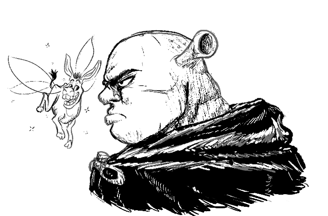 2boys animal berserk cloak cosplay donkey donkey_(shrek) fairy_wings from_side greyscale guts_(berserk) guts_(berserk)_(cosplay) hood hooded_cloak male_focus monochrome multiple_boys ogre paigeccino profile shrek shrek_(series) wings