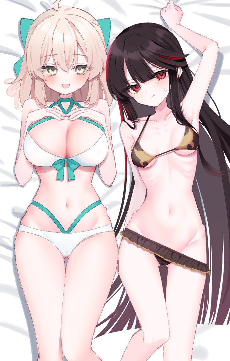 2girls ahoge aqua_bikini aqua_bow bare_shoulders bikini black_bikini black_hair blonde_hair blush bow breasts cleavage collarbone fate/grand_order fate_(series) frilled_bikini frills front-tie_bikini_top front-tie_top gluteal_fold green_bow hair_between_eyes hair_bow highleg highleg_bikini koha-ace large_breasts layered_bikini long_hair looking_at_viewer medium_breasts multiple_girls navel oda_nobunaga_(fate) oda_nobunaga_(koha-ace) oda_nobunaga_(swimsuit_berserker)_(fate) oda_nobunaga_(swimsuit_berserker)_(second_ascension)_(fate) okita_j._souji_(fate) okita_j._souji_(third_ascension)_(fate) okita_souji_(fate) okita_souji_(koha-ace) open_mouth red_eyes ringochan_txt short_hair smile solo swimsuit thighs very_long_hair white_bikini yellow_eyes