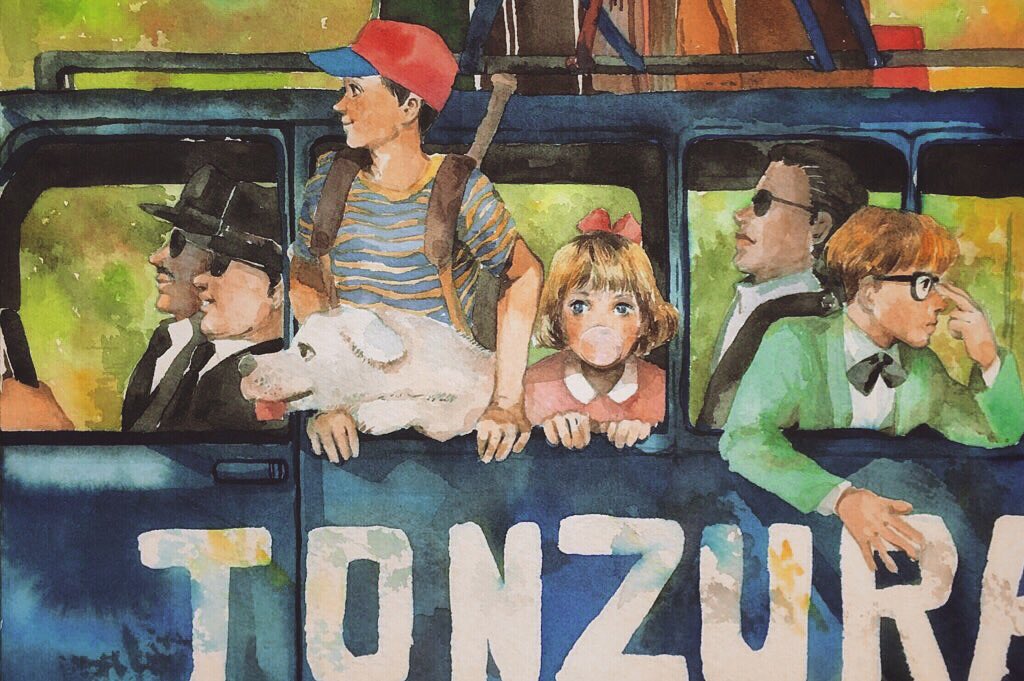 1girl adjusting_eyewear bag baseball_bat baseball_cap black_hair blonde_hair blouse closed_mouth commentary hat jeff_andonuts mother_(series) mother_2 multiple_boys ness_(mother_2) nintendo norman_rockwell_(style) parody paula_(mother_2) ribbon shirt short_hair smile striped_clothes striped_shirt style_parody