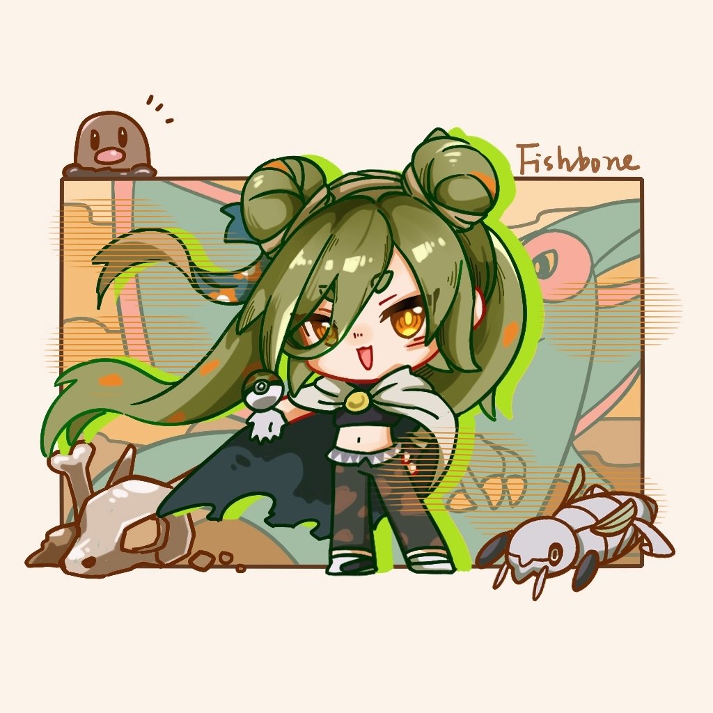 1girl :3 :d animal_skull cape diglett double_bun eyes_visible_through_hair floating_cape floating_hair flygon full_body gen_1_pokemon gen_3_pokemon gloves green_hair ground_miku_(project_voltage) hair_between_eyes hair_bun hand_on_own_hip hatsune_miku huixiaaa42305 looking_at_viewer midriff navel nincada nintendo open_mouth orange_eyes poke_ball pokemon project_voltage safari_ball short_eyebrows smile solo vocaloid white_gloves
