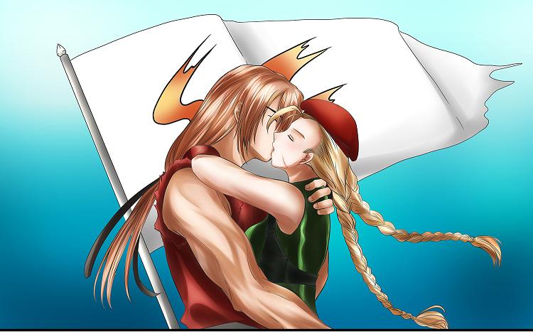 1boy 1girl blonde_hair cammy_white cap capcom chest_harness flag harness hetero hug ken_masters kiss long_hair self-upload street_fighter
