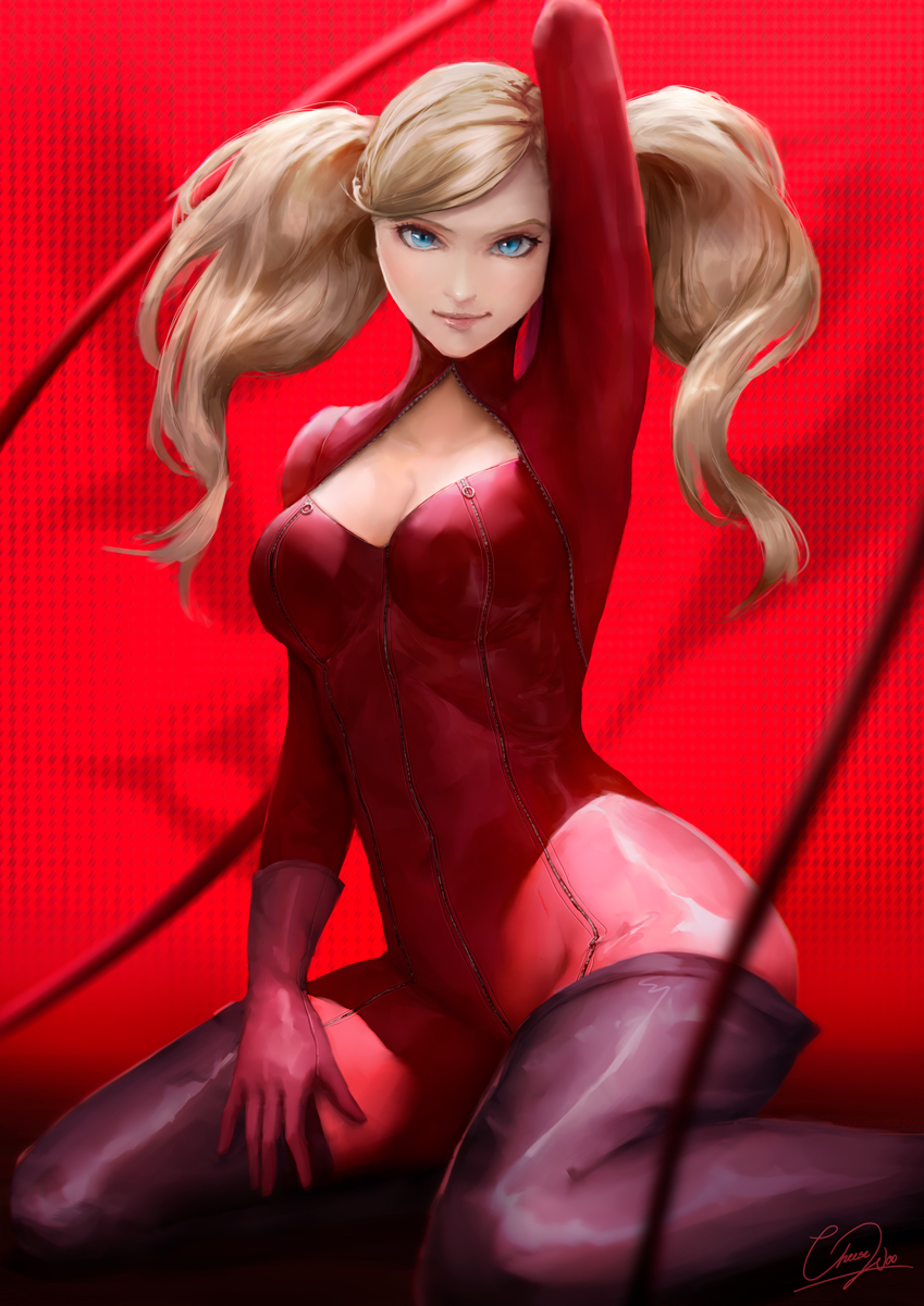1girl arm_up blonde_hair blue_eyes bodysuit boots breasts cheesewoo cleavage cleavage_cutout clothing_cutout floating_hair gloves highres long_hair looking_at_viewer medium_breasts persona persona_5 pink_gloves purple_boots red_background red_bodysuit signature sitting smile smug solo swept_bangs takamaki_anne thigh_boots thighhighs twintails