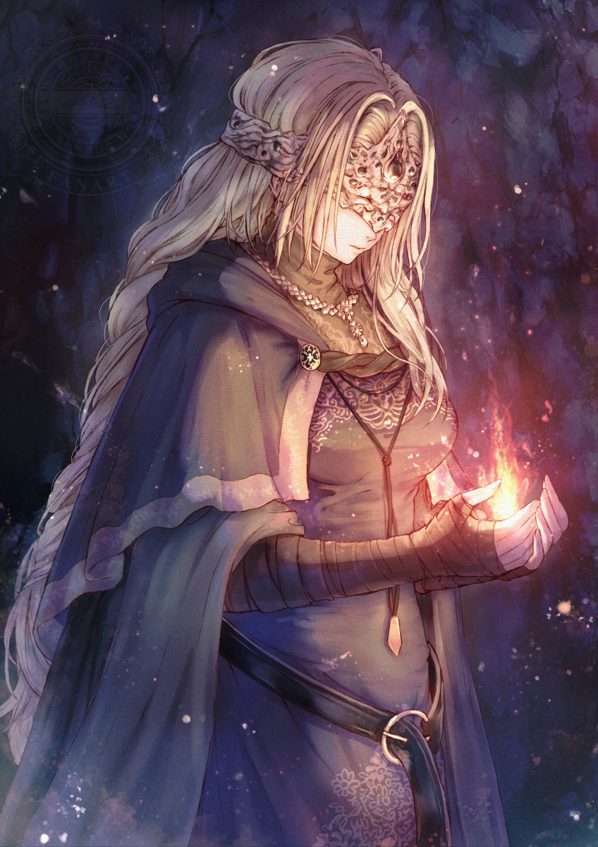 1girl bandaged_arm bandaged_hand bandages black_cloak black_dress blindfold blonde_hair braid cloak closed_mouth dark_souls_(series) dark_souls_iii dress fire fire_keeper highres jewelry kodue55 long_hair necklace sidelocks single_braid solo