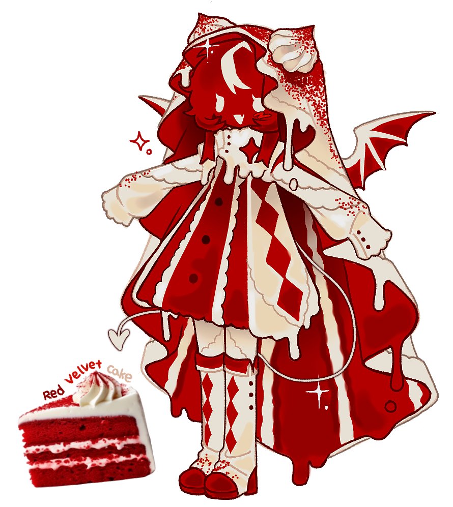 1girl adoptable bomal1215 boots cake cake_slice colored_skin demon_wings eyelashes food food-themed_clothes open_mouth original red_skin red_velvet_cake simple_background smile triangle_mouth veil white_background white_boots white_eyes white_veil white_wings wings