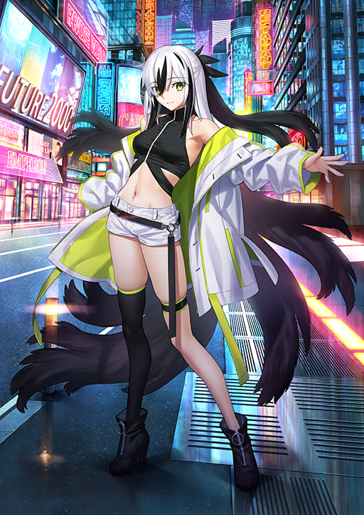 1girl arm_at_side asymmetrical_legwear bare_shoulders belt black_belt black_boots black_hair black_shirt black_thighhighs boots breasts buttons city city_lights contrapposto crop_top fate/grand_order fate_(series) floating_hair full_body game_cg green_eyes green_jacket hair_between_eyes halterneck hand_up high_collar jacket legs_apart long_hair long_sidelocks long_sleeves medium_breasts multicolored_hair nagao_kagetora_(fate) navel night o-ring off_shoulder official_art open_clothes open_jacket outstretched_arm shirt short_shorts shorts sidelocks single_thighhigh skindentation solo standing stomach streaked_hair takeuchi_takashi thigh_strap thighhighs third-party_source two-sided_fabric two-sided_jacket two-tone_hair uesugi_kenshin_(fate) uesugi_kenshin_(second_ascension)_(fate) uneven_legwear variant_set very_long_hair white_hair white_jacket white_shorts