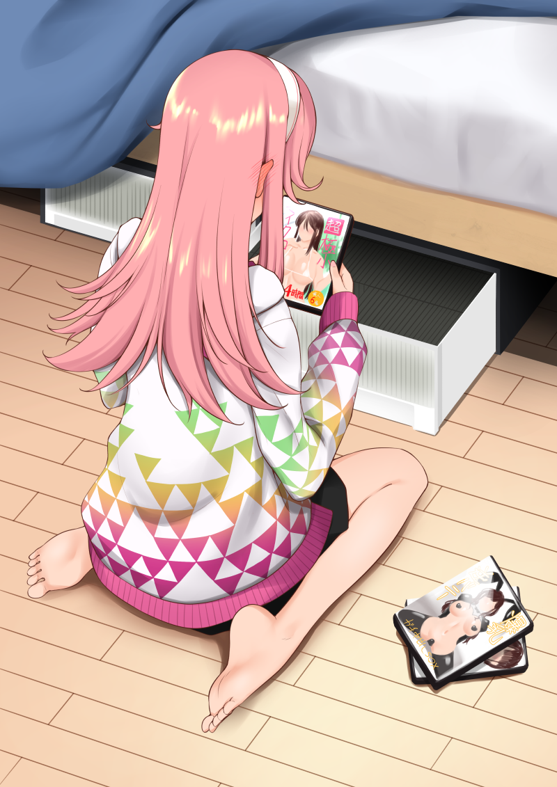 1girl bed bedroom black_skirt blush commentary_request dream_c_club dream_c_club_(series) dream_c_club_gogo. dvd_case ear_blush feet from_behind hairband hisakabe_oto jacket long_hair meme_attire noko_(dream_c_club_gogo.) pink_hair pornography reverse_bunnysuit reverse_outfit sitting skirt solo thighs wariza white_hairband wooden_floor