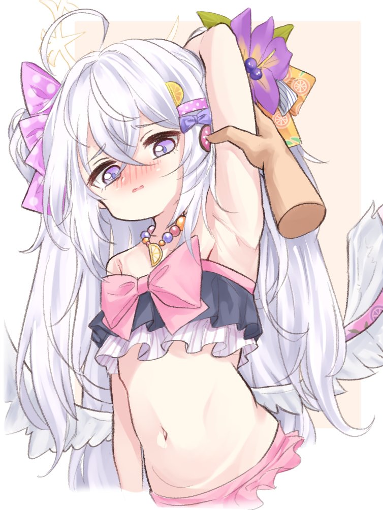 1girl arm_up armpits azusa_(blue_archive) azusa_(swimsuit)_(blue_archive) bead_necklace beads bikini blue_archive blush bow commentary cropped_torso crossed_bangs disembodied_hand feathered_wings flat_chest flower food-themed_hair_ornament frilled_bikini frills hair_bow hair_flower hair_ornament hair_ribbon halo jewelry jokebag long_hair looking_at_viewer midriff necklace orange_hair_ornament parted_lips pink_bow purple_eyes ribbon solo_focus strapless strapless_bikini swimsuit symbol-only_commentary white_hair white_wings wings
