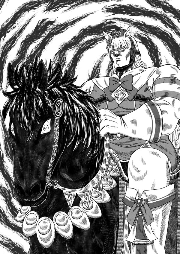 1girl animal_ears armband blunt_bangs boots bow feet_out_of_frame gloves gold_ship_(umamusume) greyscale hara_tetsuo_(style) headwear_request hiyoko_(chick&#039;s_theater) hokuto_no_ken horse horse_ears horse_girl horseback_riding knee_boots kokuoh_(hokuto_no_ken) long_hair monochrome muscular riding umamusume white_gloves