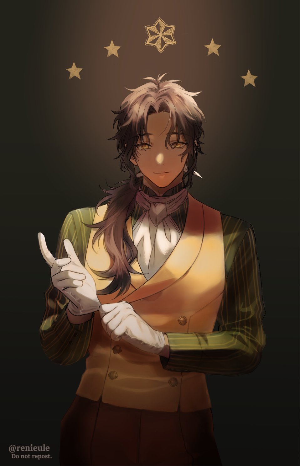 1boy antenna_hair black_background brown_background brown_hair brown_pants d.gray-man gloves gradient_background green_shirt hair_over_shoulder hair_ribbon highres light_smile long_hair looking_at_viewer low_ponytail male_focus mana_walker messy_hair neckerchief noah_(d.gray-man) pants ponytail putting_on_gloves renieule ribbon shirt sidelocks signature solo star_(symbol) striped_clothes striped_shirt twitter_username two-tone_background vest white_gloves white_neckerchief white_ribbon yellow_eyes yellow_stripes yellow_vest