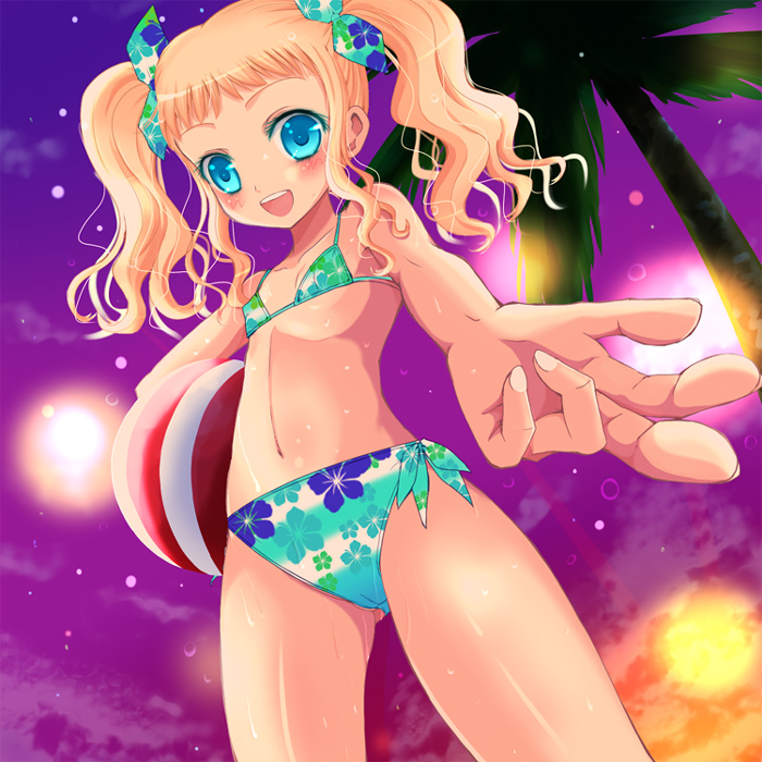 1girl :d aqua_bikini bad_id bad_pixiv_id ball beachball bikini blonde_hair blue_eyes child female_focus flat_chest foreshortening kay kay_(utd) long_hair navel open_mouth original outstretched_arm outstretched_hand palm_tree perspective reaching smile solo sparkle sparks swimsuit tree twintails wet