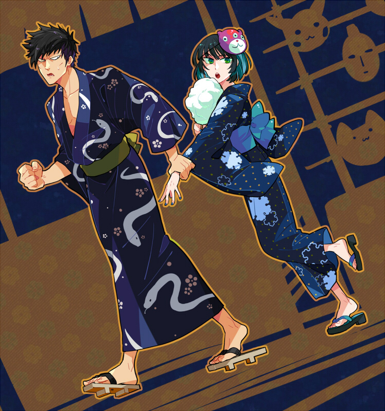 1boy 1girl black_eyes black_hair fubuki_(one-punch_man) green_eyes height_difference holding_another&#039;s_arm holding_another&#039;s_wrist holding_own_arm japanese_clothes kimono mask matatabi_nia one-punch_man sandals snake_(one-punch_man)