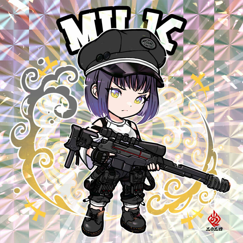 1girl black_gloves black_hair black_pants black_sports_bra character_name clothing_cutout fingerless_gloves gloves goddess_of_victory:_nikke hat holding holding_weapon kanchiyo looking_at_viewer milk_(nikke) pants purple_hair shirt short_hair shoulder_cutout solo sports_bra weapon white_shirt yellow_eyes
