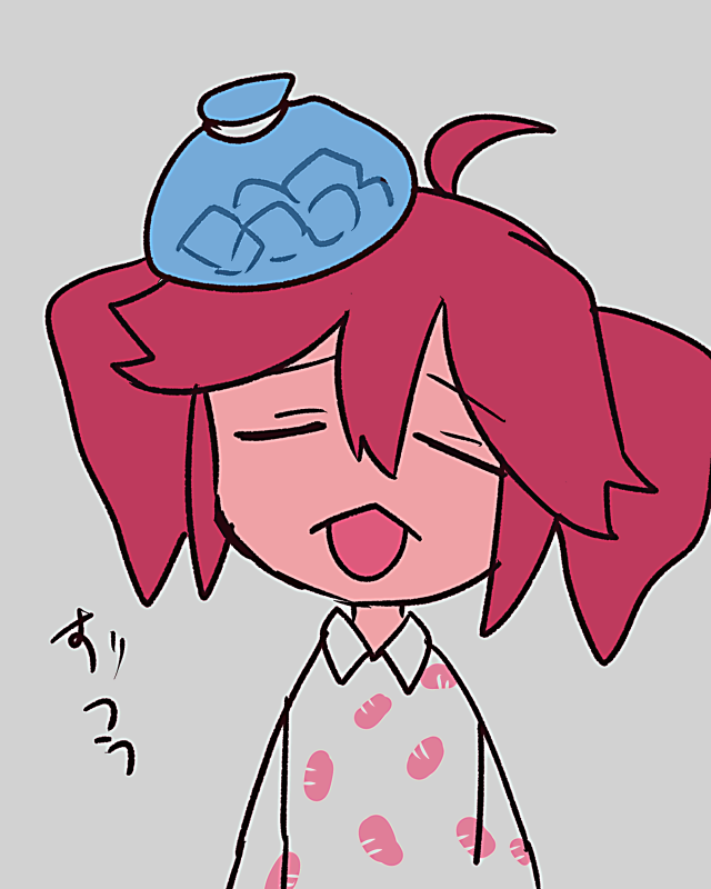 1girl ahoge bread closed_eyes collared_shirt double-parted_bangs drill_hair food food_print grey_background hair_between_eyes ice ice_cube ice_pack kasane_teto long_sleeves open_mouth print_shirt red_hair shirt simple_background solo upper_body utau wing_collar yuusuke-kun