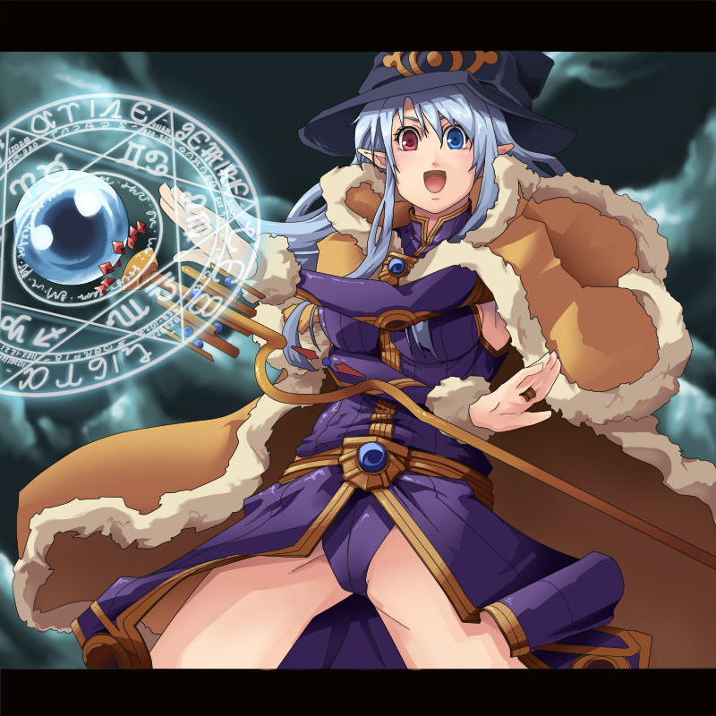 1girl :d blue_eyes breasts brown_cape cape cloud commentary_request cowboy_shot dress fur-trimmed_cape fur-trimmed_sleeves fur_trim gold_trim heterochromia hexagram holding holding_staff hutene large_breasts letterboxed long_hair looking_at_viewer magic_circle open_mouth pointy_ears purple_dress ragnarok_online red_eyes short_dress smile solo staff wizard_(ragnarok_online)