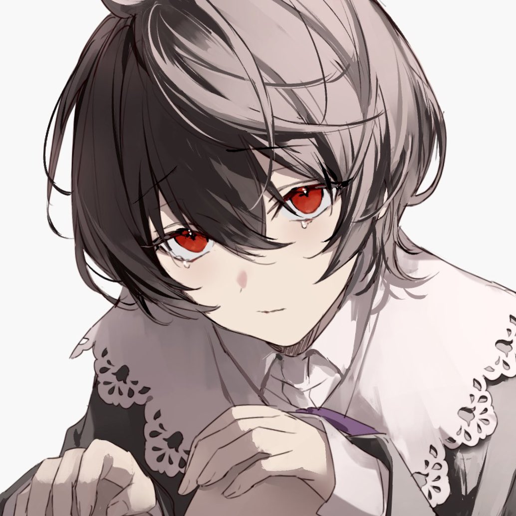 1boy black_capelet black_hair capelet close-up closed_mouth collared_shirt crying double-parted_bangs ensemble_stars! from_above furrowed_brow hair_between_eyes hands_on_own_knees head_tilt knees_up looking_at_viewer male_focus nozz177 red_eyes sakuma_ritsu shirt short_hair simple_background sleeves_past_wrists solo tears white_background white_shirt